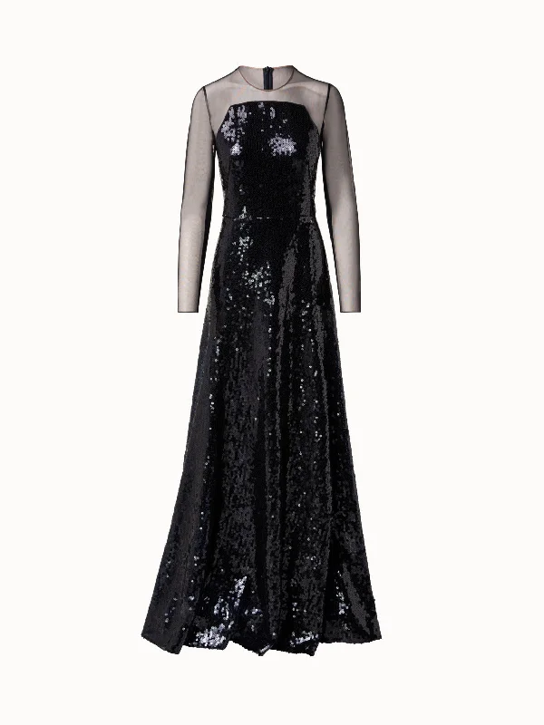 Long Sequined Evening Gown with Long Sheer Sleeves