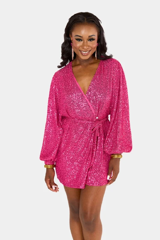 Adeline Sequin Wrap Dress - Guava