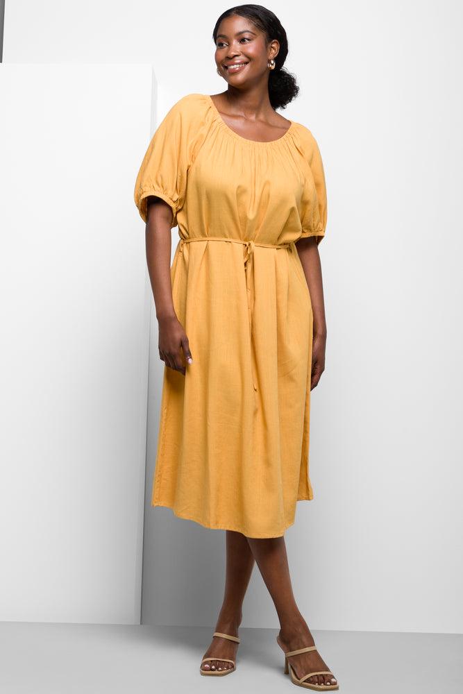 Belted Bardot Dress Yellow