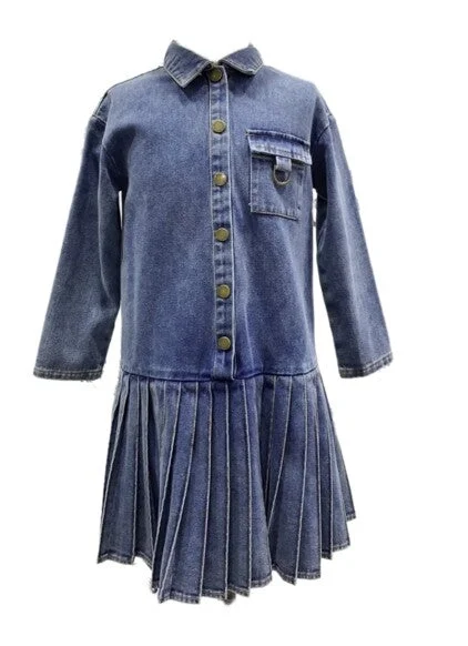 Denim Bottom Pleated Collared Dress