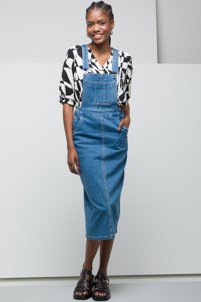 Denim Dungaree Dress Mid Blue