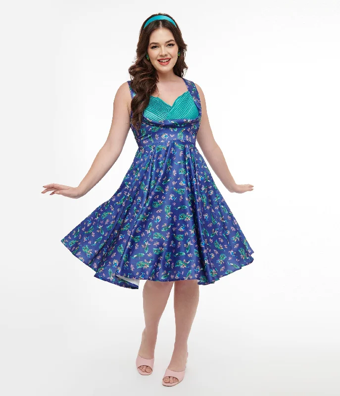 Dolly & Dotty 1950s Purple & Teal Peacock Print Grace Swing Dress