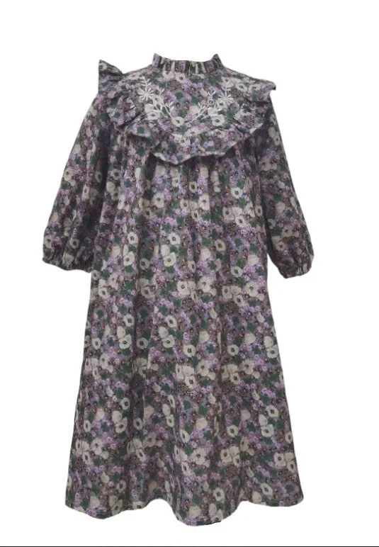 Floral Printed Linen Embroidery Dress