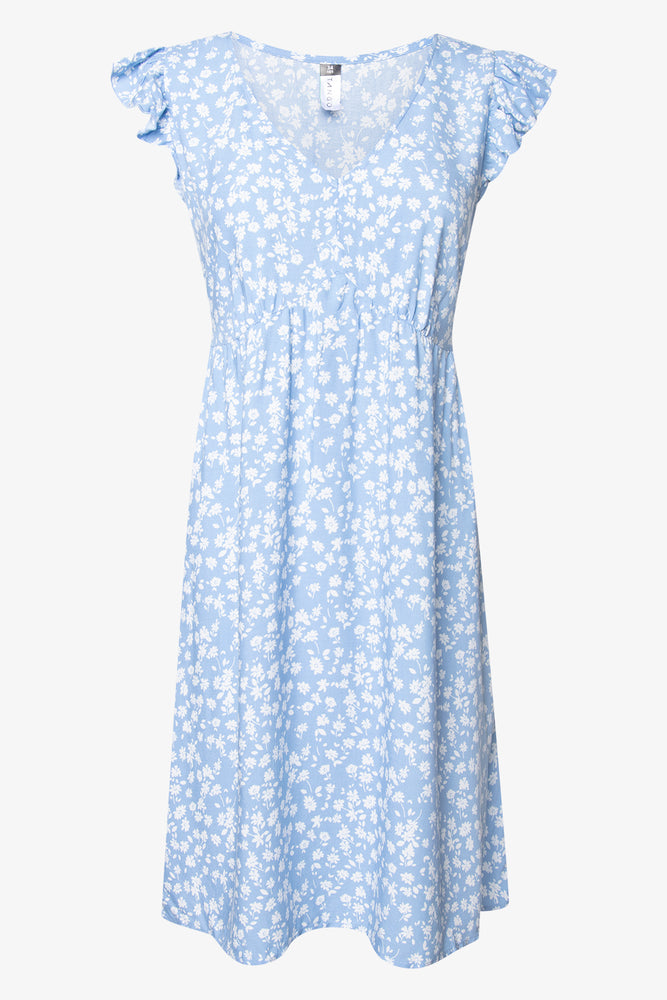 Frill Sleeve Viscose Tea Dress Mid Blue