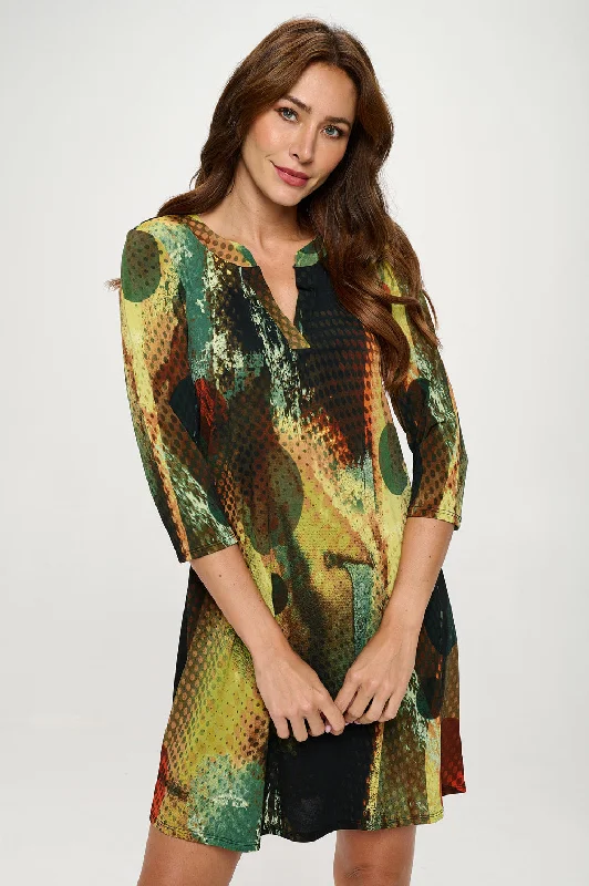 HIT Notch Neck Quarter Sleeve Print Dress-7076HT-QRP1-W412