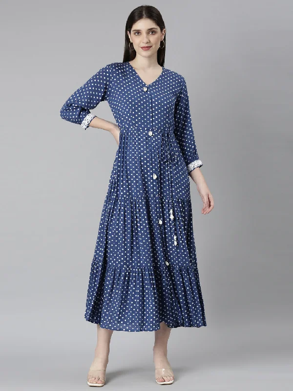 Neeru's Blue Straight Casual Polka Dots Dresses