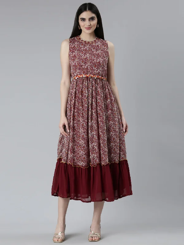 Neeru's Maroon Straight Casual Printed Dress