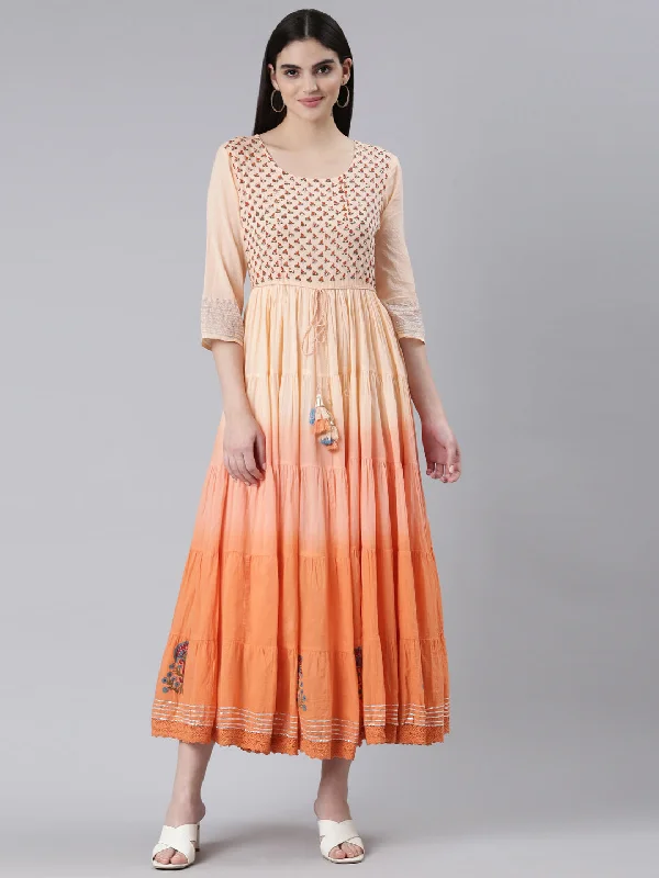 Neeru's Peach Flared Casual Printed Dress