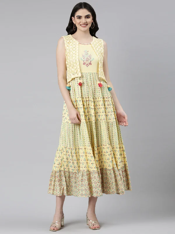 Neeru's Yellow Pleated Anarkali Solid Kurta