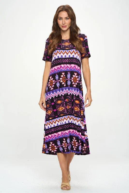 Plus Size Print  Long Dress Short Sleeve - 7002BN-SXP1-W407