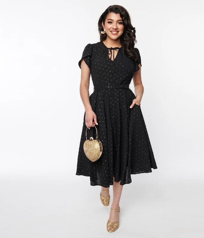 Unique Vintage Black & Gold Clip Dot Dahlia Swing Dress