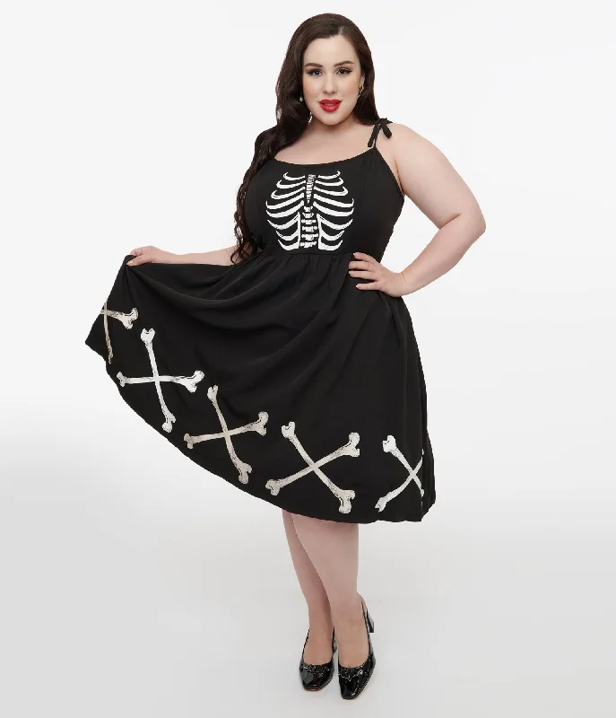 Unique Vintage Plus Size 1950s Black & Glow in the Dark Skeleton Bobbie Swing Dress