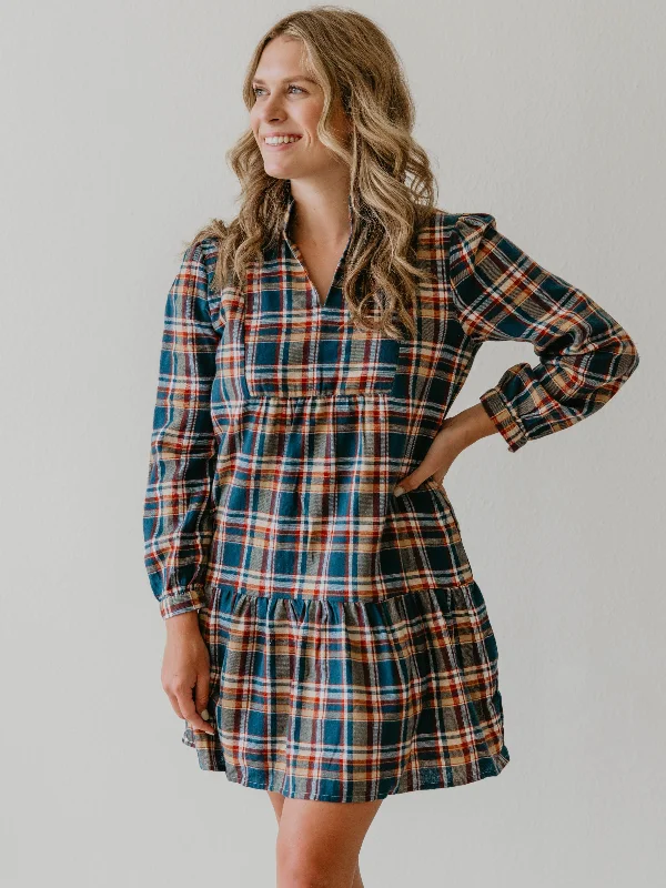 Women's Adeline Dress - Navy Golden Plaid