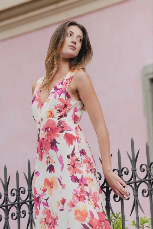 Angelic Vintage Blush Floral Sleeveless Frill Hem Midi Dress