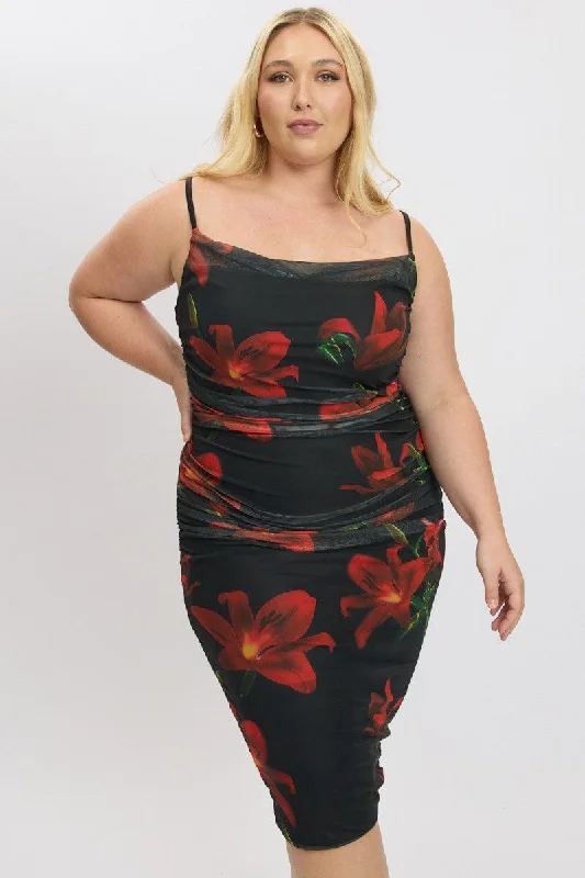 Black Floral Cowl Neck Shoestring Strap Bodycon Maxi Dress