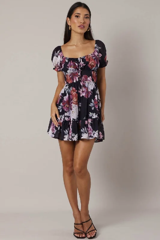 Black Floral Fit And Flare Dress Puff Sleeve Mini