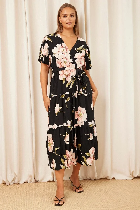 Black Floral Maxi Dress Short Sleeve Wrap Front Tiered