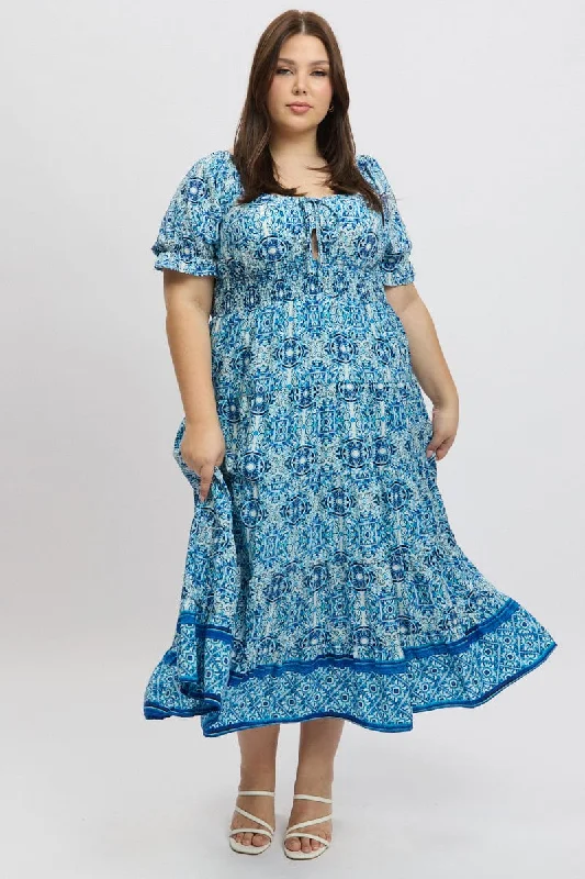 Blue Boho Maxi Dress Short Sleeve