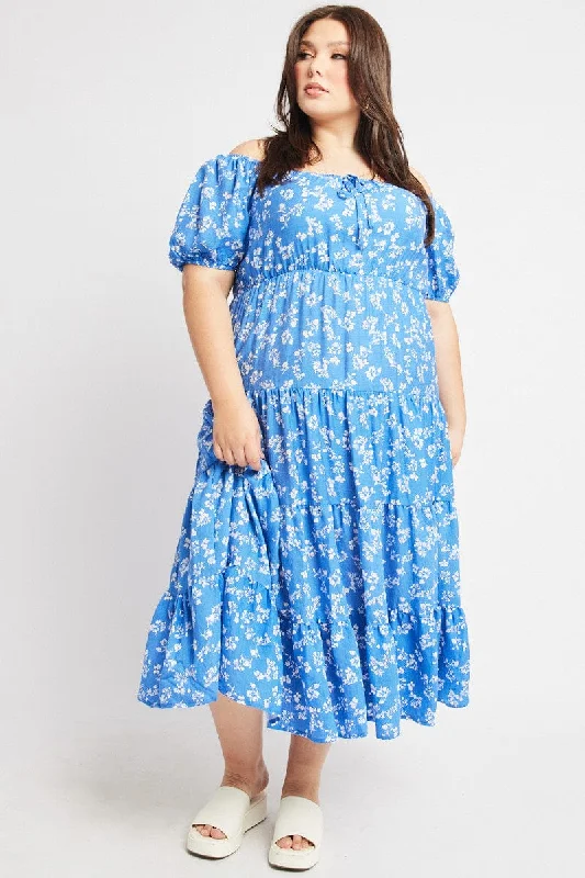 Blue Ditsy Midi Dress Short Sleeve Tiered