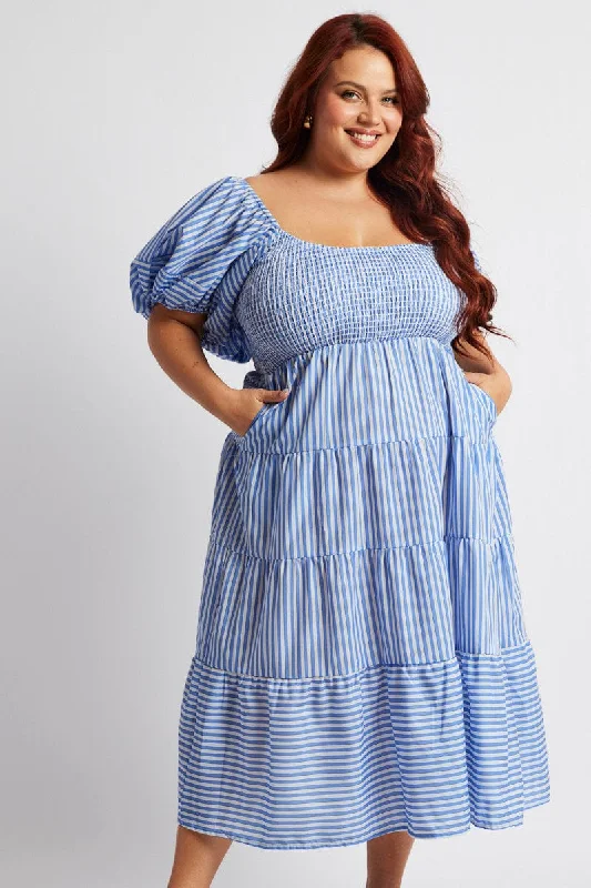 Blue Stripe Midi Dress Short Sleeve Shirred