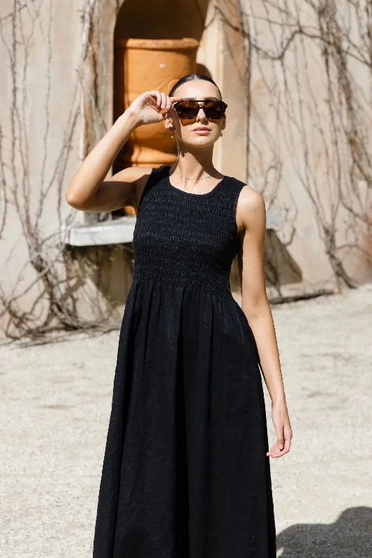 Bryar Black Linen Sleeveless Empire Midi Dress