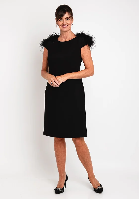 Camelot Feather Trim Shoulder Knee Length Dress, Black