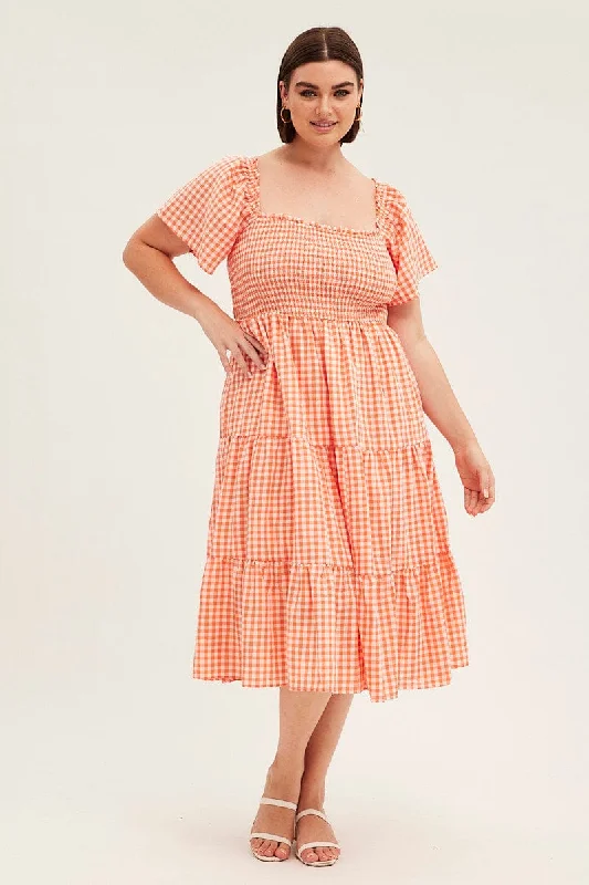 Check Midi Dress Off Shoulder Short Sleeve