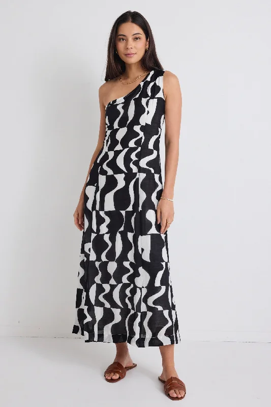 Conscious Black Wave Print One Shoulder Maxi Dress