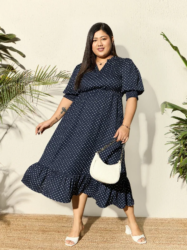 Berrylush Curve Women Navy Blue & White Polka Dot Printed Mandarin Collar Neck Crepe Pleated Fit & Flare Midi Dress