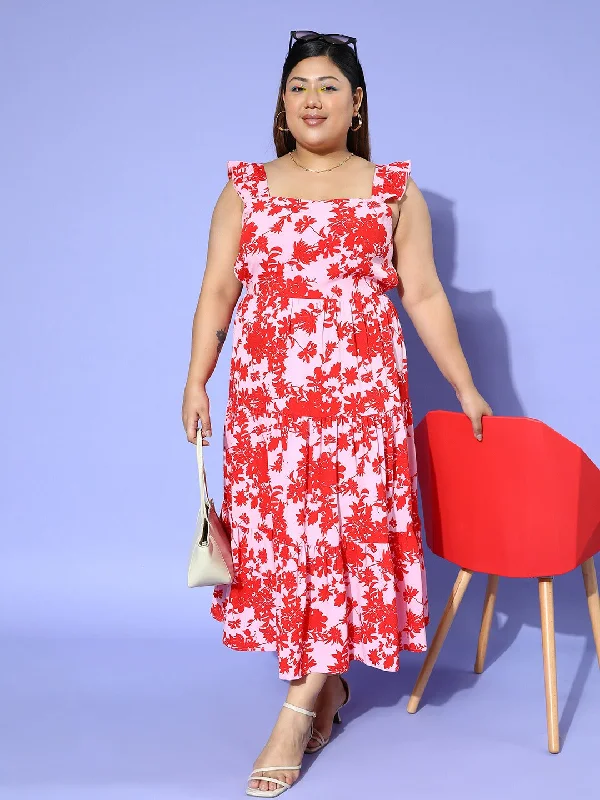 Berrylush Women Plus Size Pink & Red Tropical Printed Square Neck Cutout Tie-Up Backless Crepe Flared A-Line Maxi Dress