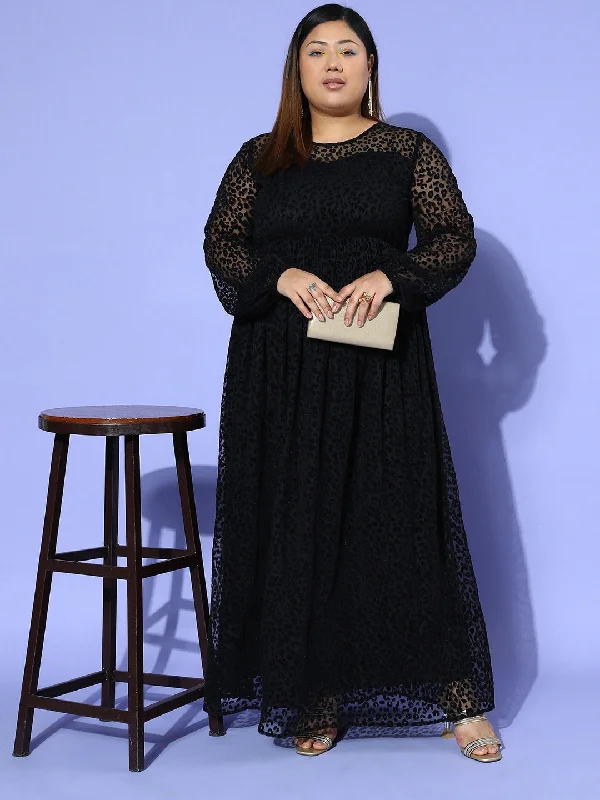 Berrylush Women Plus Size Black Animal Printed Round Neck Semi-Sheer Velvet Flared A-Line Maxi Dress