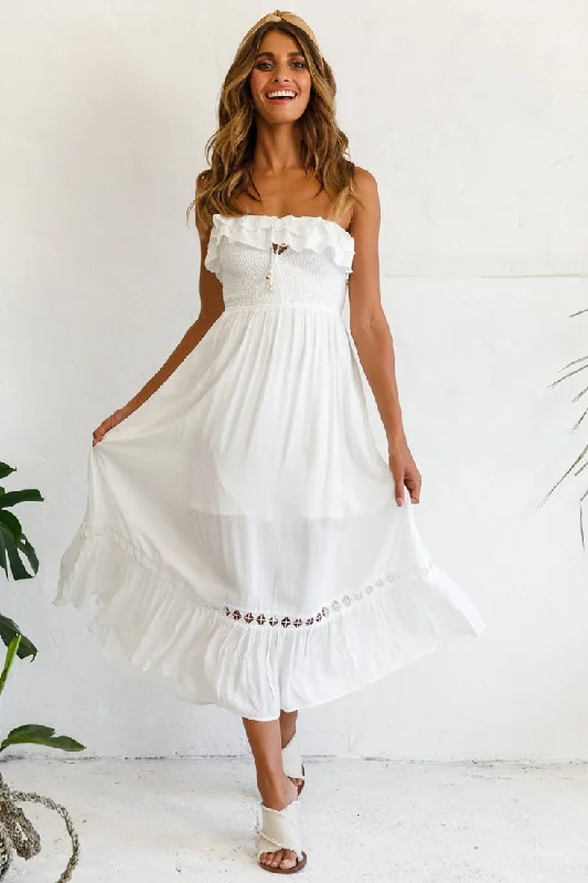 Daydream Shirred Bust Frill Trim Maxi Dress White