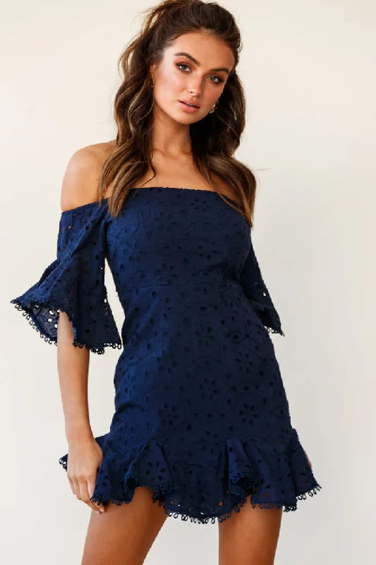 Elissa Off-Shoulder Broderie Anglaise Dress Navy