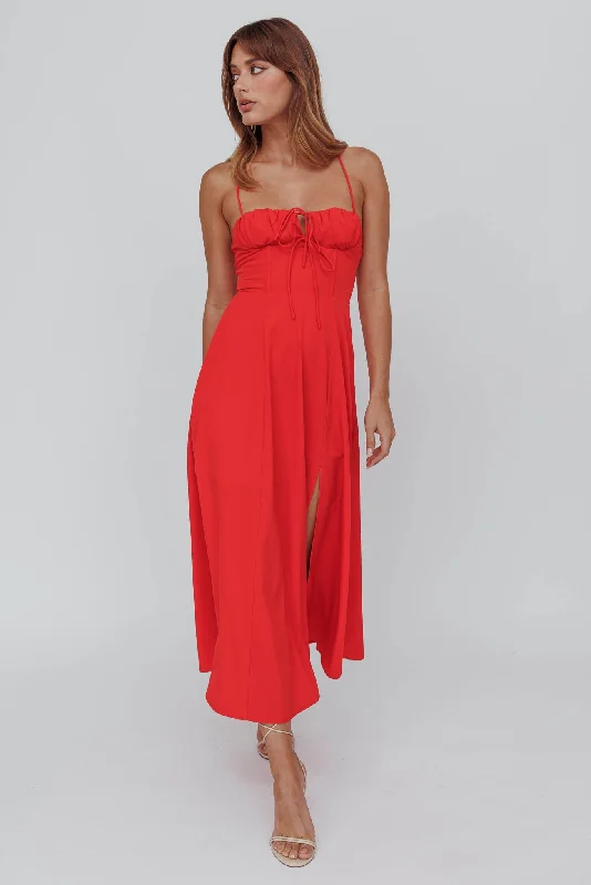 Euro Summer Split Hem Midi Dress Red