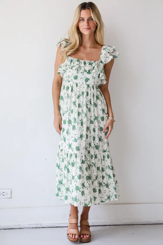 FINAL SALE - Fabulous Darling Green Floral Midi Dress