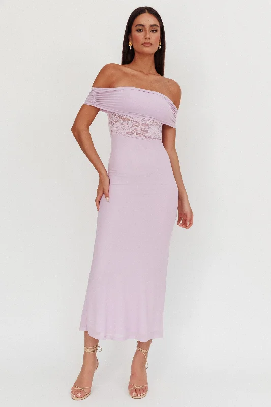 Flutters Off-Shoulder Lace Insert Maxi Dress Lilac