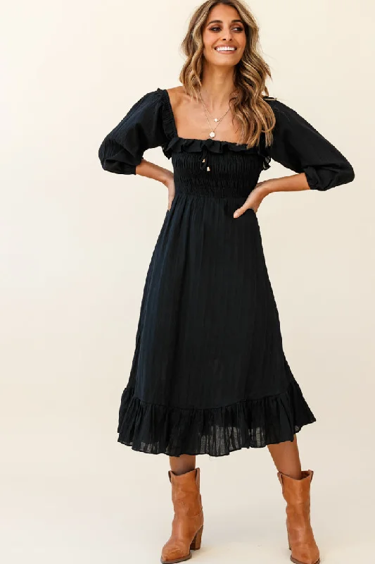 Flynn Off-Shoulder Shirred Bust Midi Dress Black