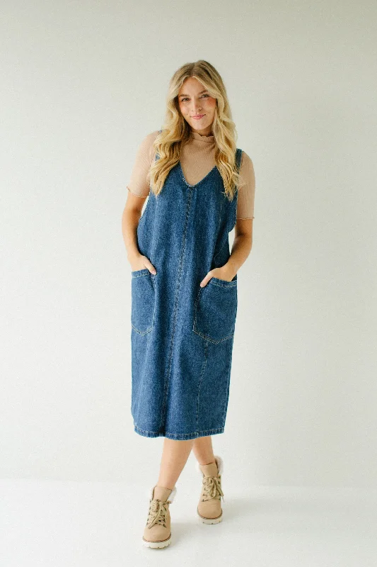 'Ford' Denim Overall Midi Dress in Medium Wash