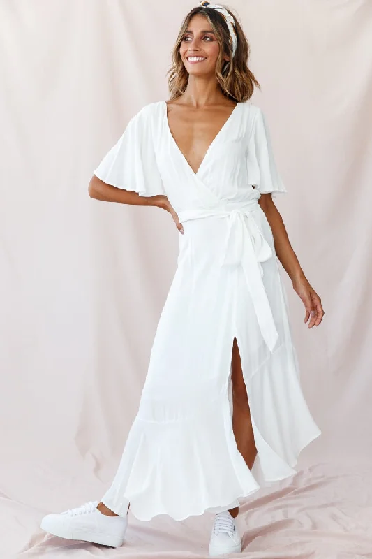 Friday Surplice Neckline Front Split Maxi Dress White