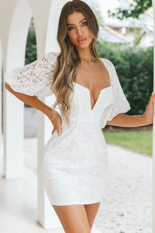 Good Vibes Puff Sleeve Deep V-Neckline Lace Mini Dress White