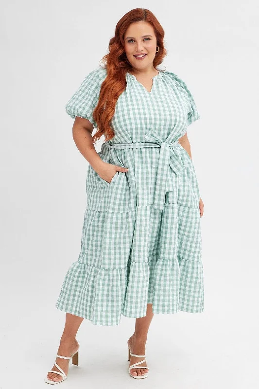 Green Check Midi Dress Gingham Tie Waist Collared