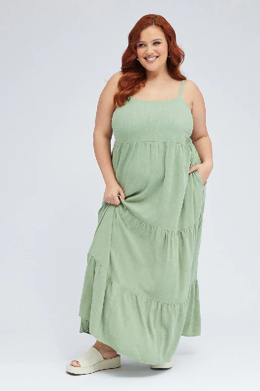 Green Maxi Dress Sleeveless Tiered Linen Blend