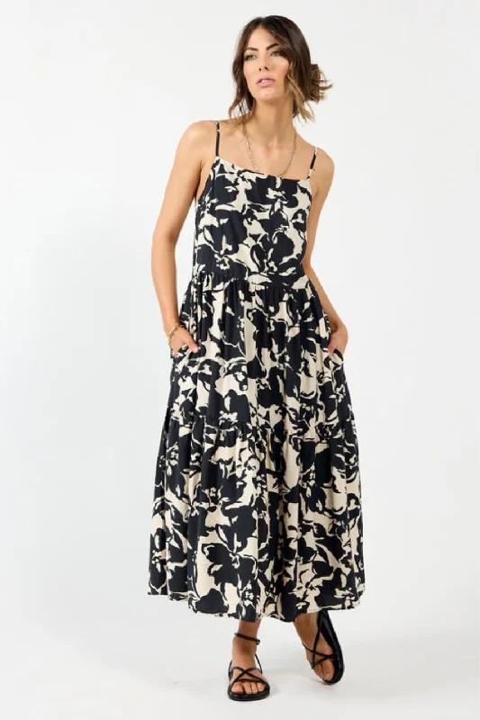 Hillary Cream Mono Floral Tiered Midi Dress