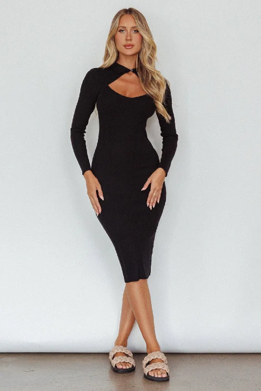 Home Run Long Sleeve Collared Midi Dress Black