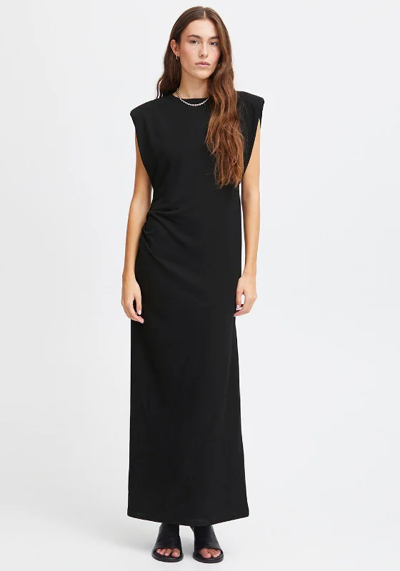 Ichi Katine Shoulder Pad Ruched Long Dress, Black