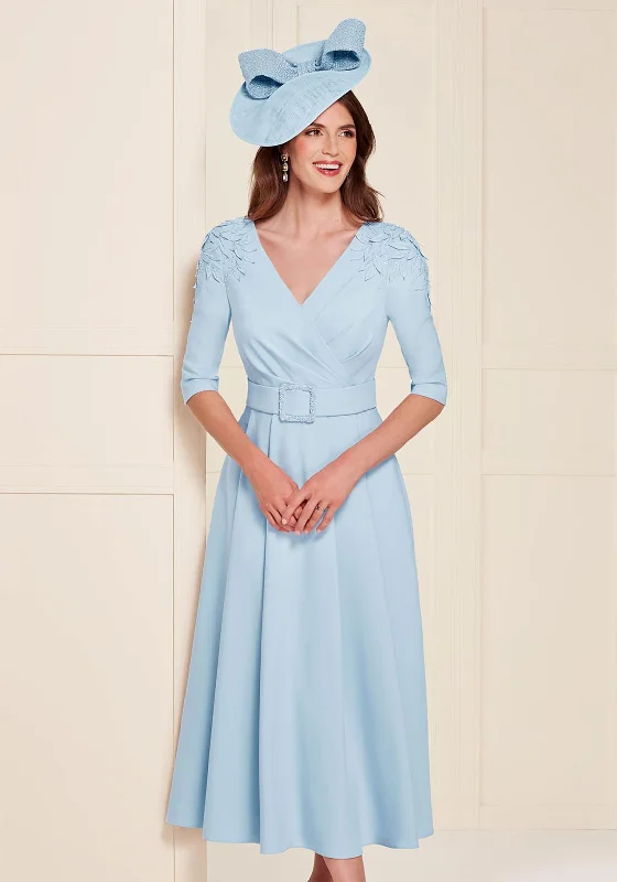 John Charles Beaded Buckle Applique Shoulder A-line Dress, Powder Blue