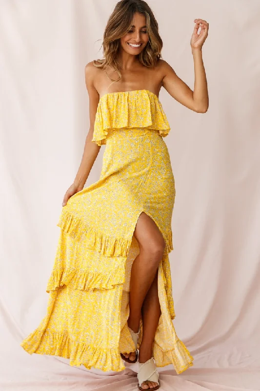 Kiya Layered Bandeau Maxi Dress Leaf Print Mustard