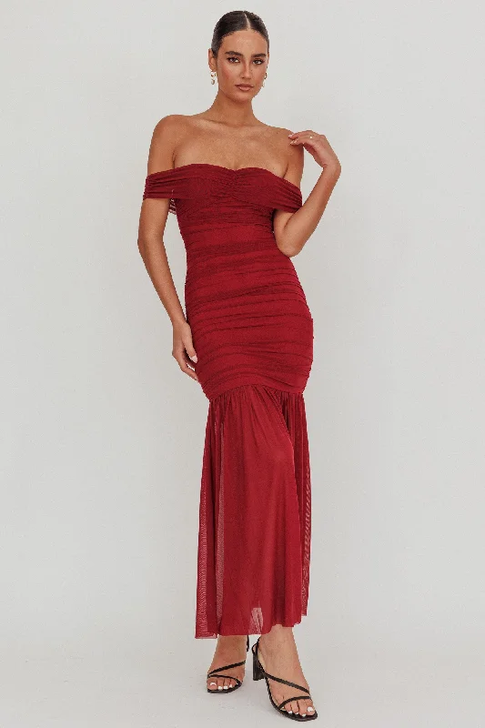 La Salle Off Shoulder Mesh Maxi Dress Wine