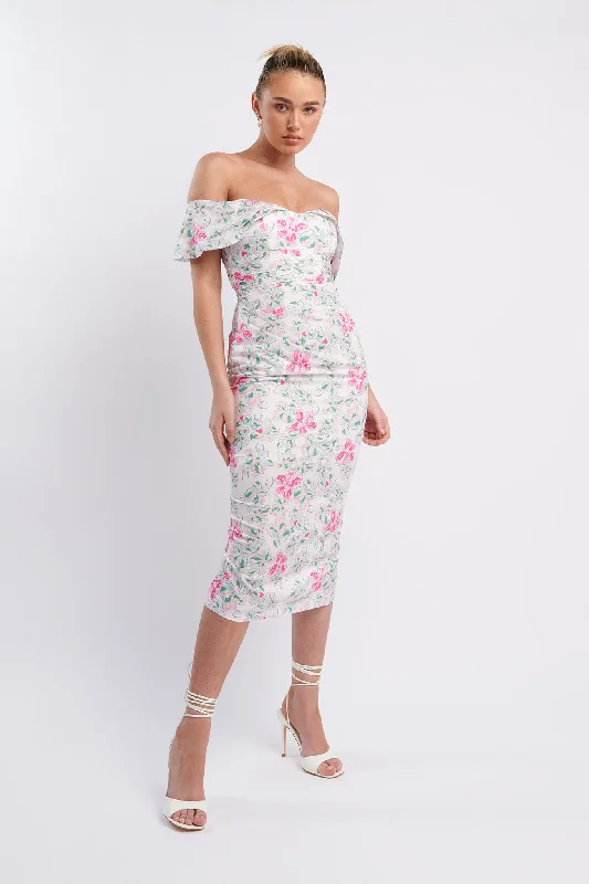 Lillianne Off-Shoulder Midi Dress Floral Pink