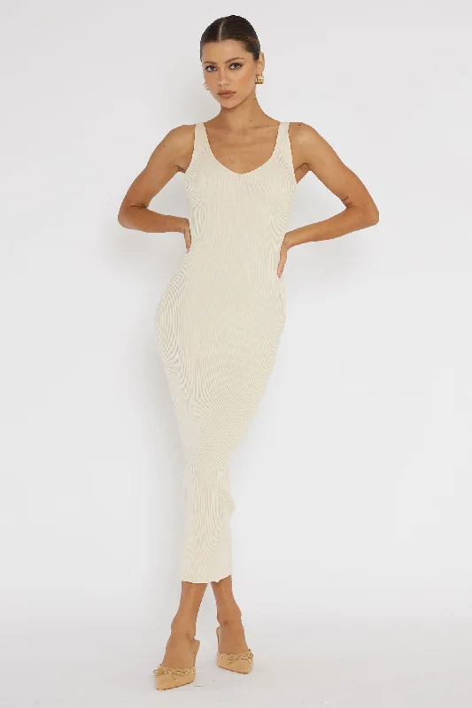 Linzi Lace-Up Back Knit Midi Dress Cream